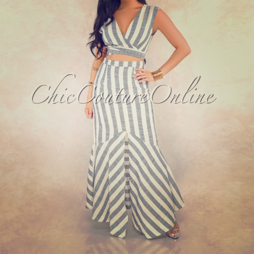 Taupe Black Stripes Front Tie Cut-Out Maxi Dress